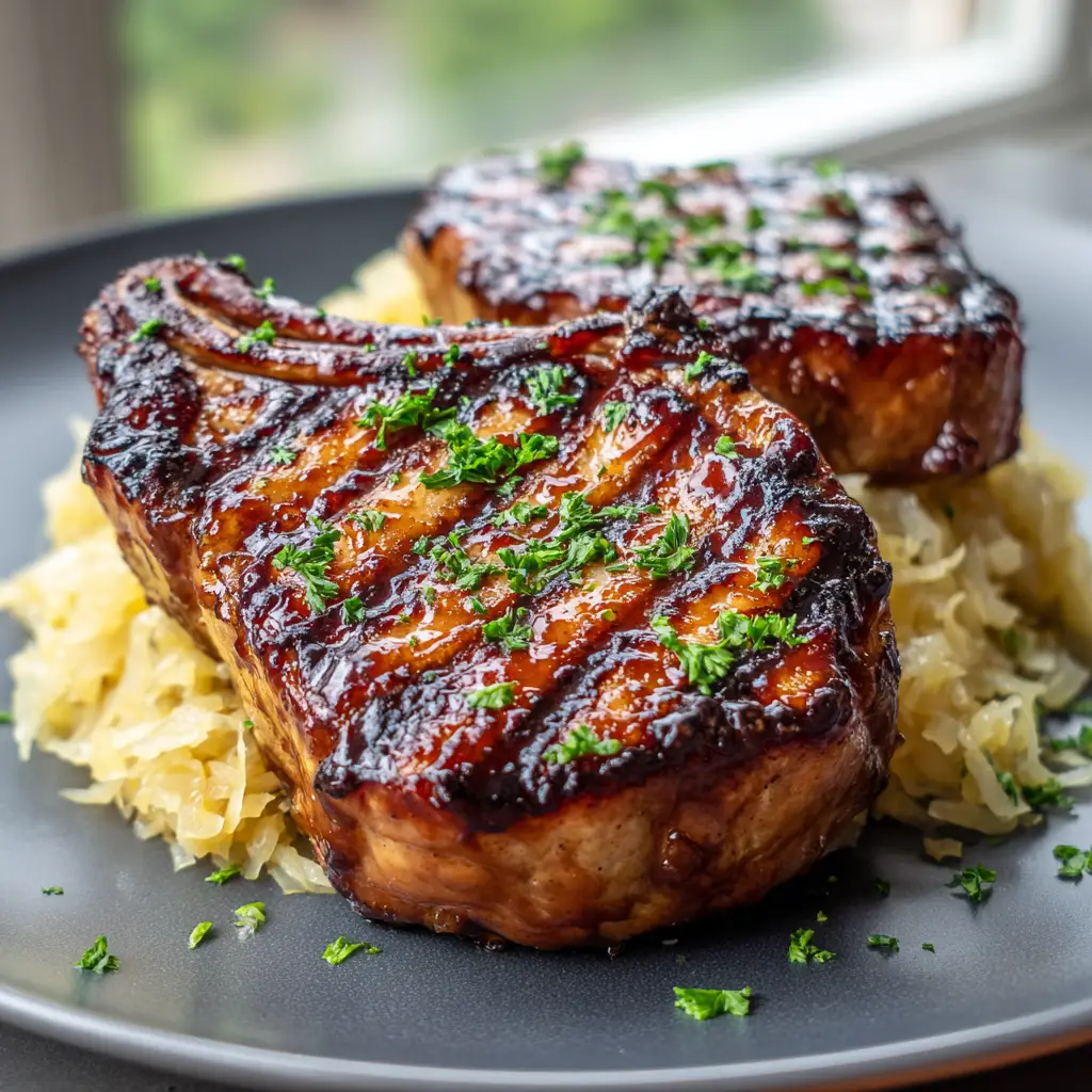 Grilled Brown Sugar Pork Chops with Sauerkraut