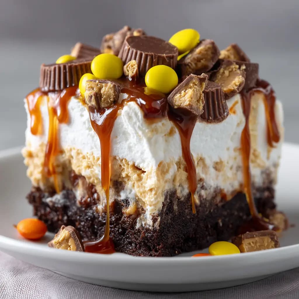 Chocolate Peanut Butter Poke Cake with Whipped Cream and Peanut Butter Cups
