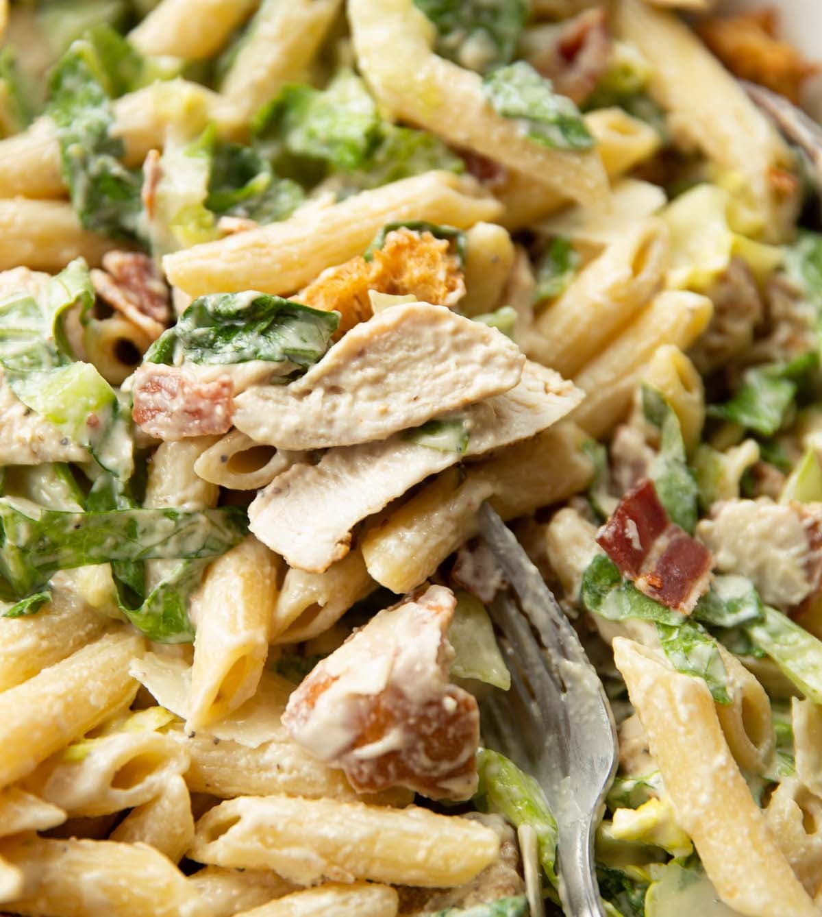 Chicken Caesar Pasta Salad with Bacon and Homemade Croutons