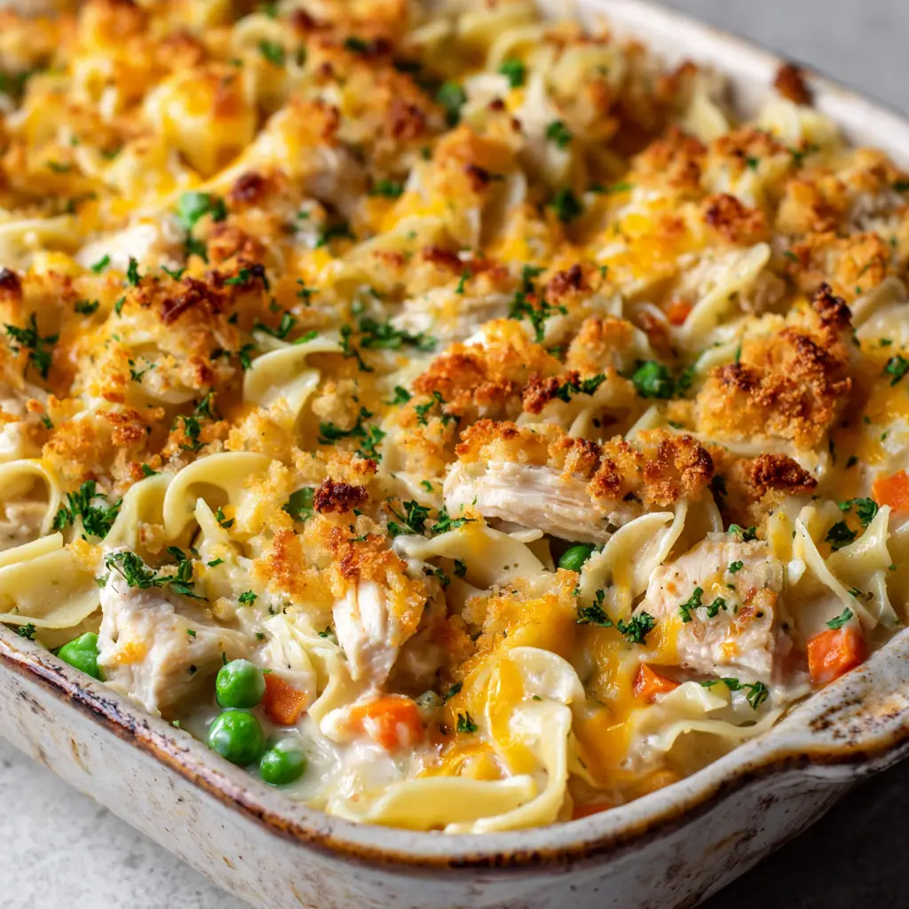 Easy Chicken Noodle Casserole with Cheddar Cracker Topping