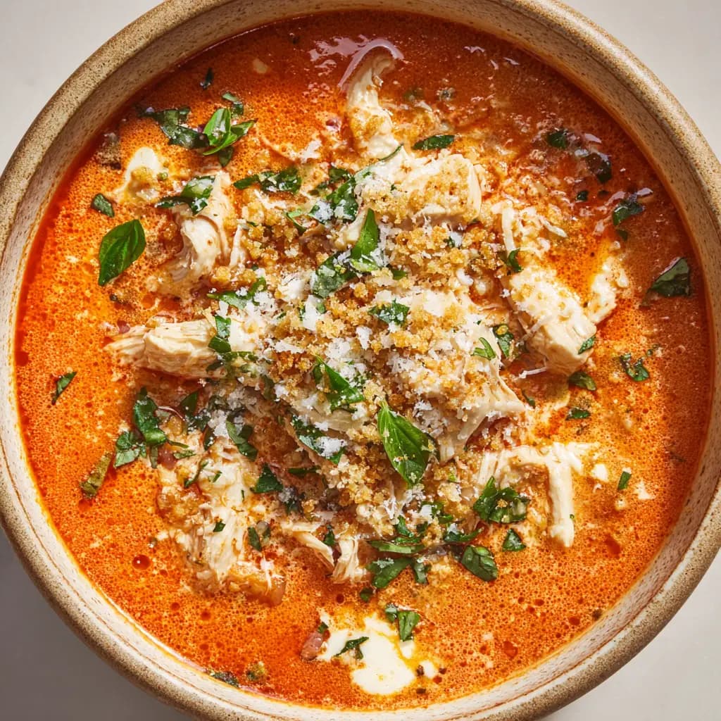 Creamy Chicken Parmesan Soup with Mozzarella and Toasted Panko