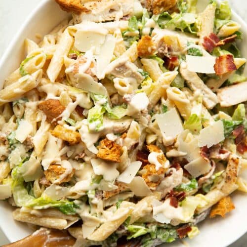 Chicken Caesar Pasta Salad with Bacon and Homemade Croutons