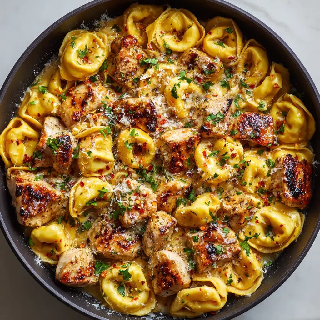 Spicy Garlic Butter Chicken Tortellini with Parmesan and Parsley