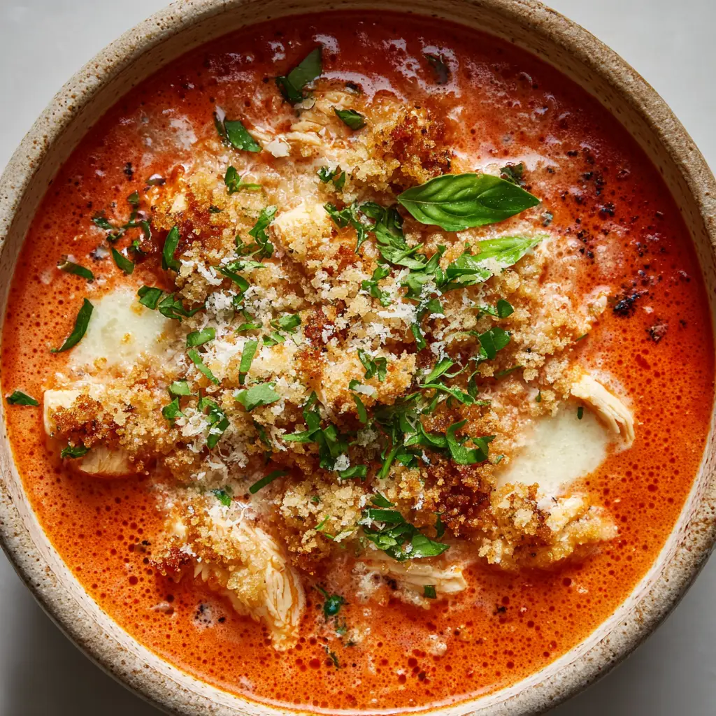 Creamy Chicken Parmesan Soup with Mozzarella and Toasted Panko