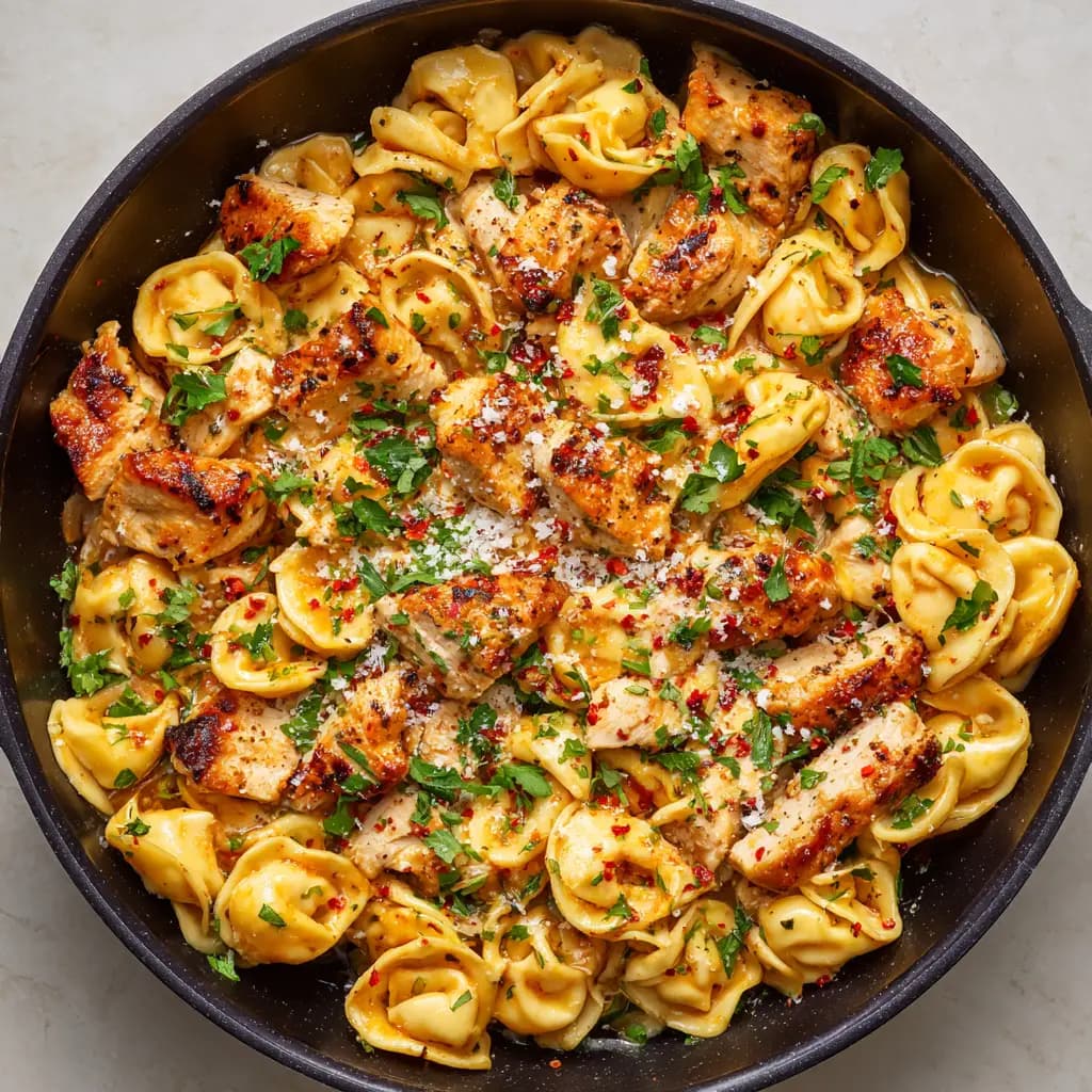 Spicy Garlic Butter Chicken Tortellini with Parmesan and Parsley