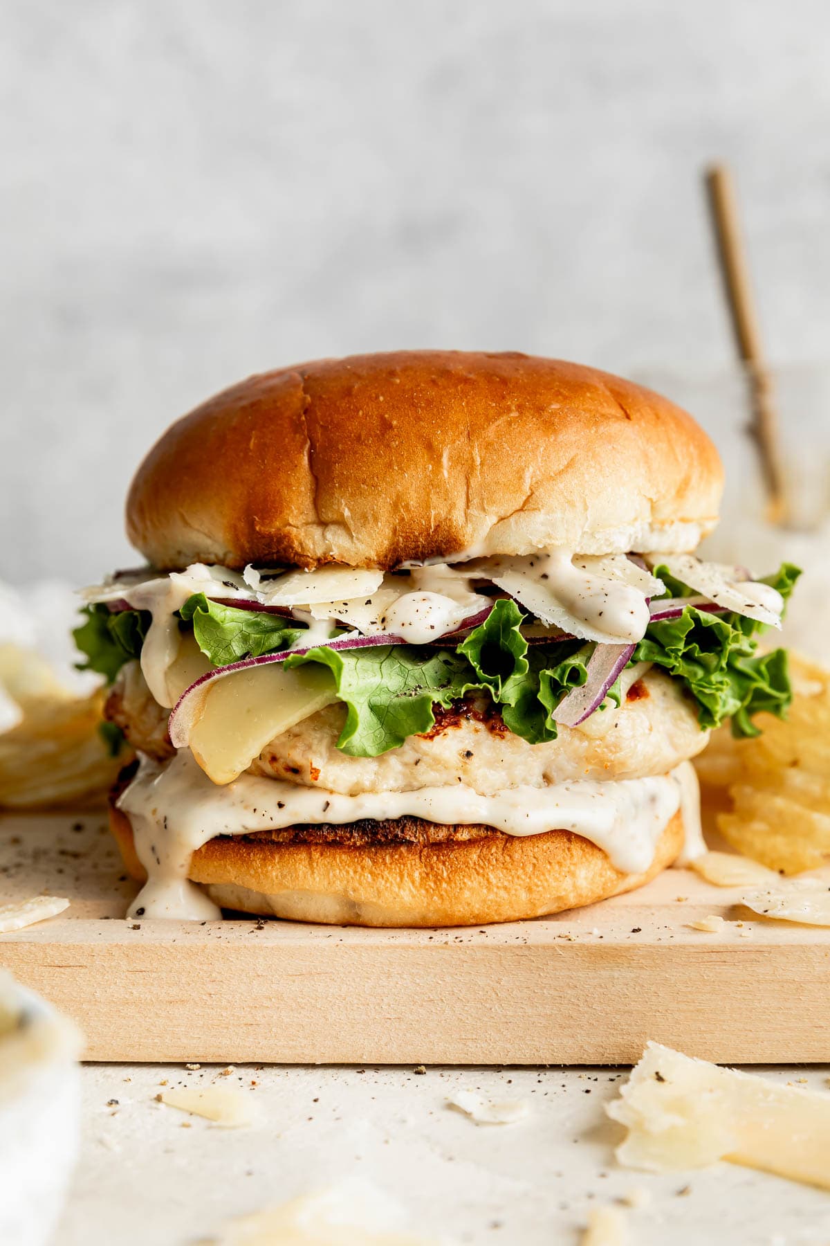 Grilled Chicken Caesar Burgers with Parmesan and Anchovy