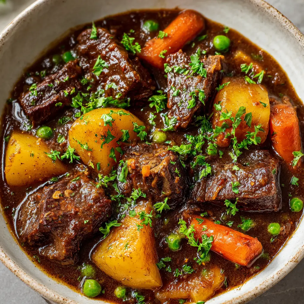 Crockpot Beef Stew with Potatoes, Carrots, and Dark Gravy