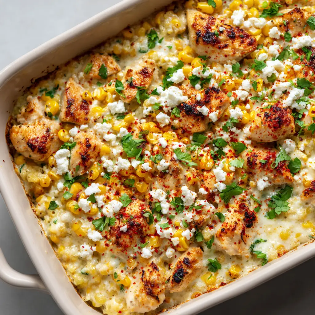 Street Corn Chicken Casserole with Cotija and Charred Corn