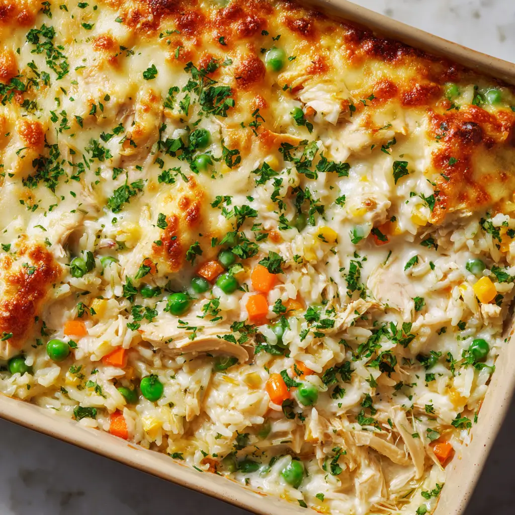 Creamy Chicken and Rice Casserole with Cheddar and Mozzarella