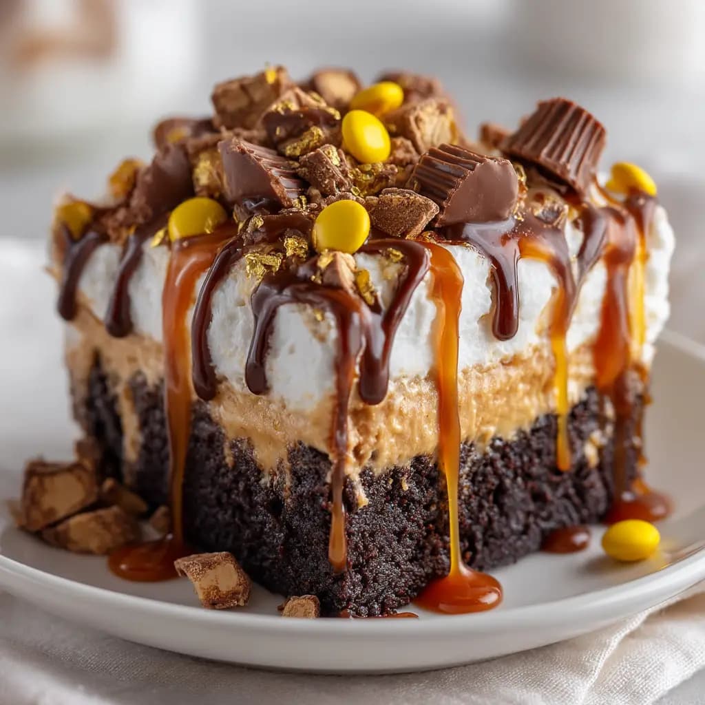 Chocolate Peanut Butter Poke Cake with Whipped Cream and Peanut Butter Cups