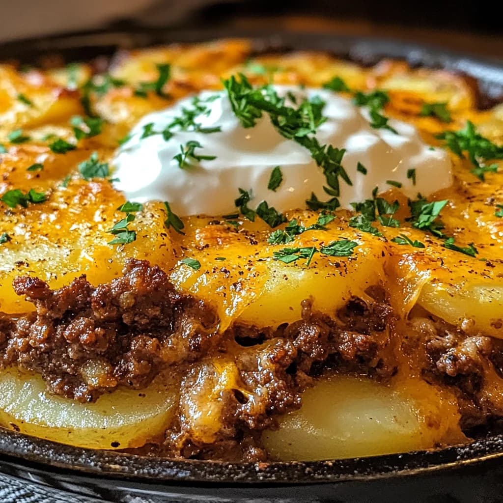 Healthy Loaded Beef and Potato Bake with Creamy Sour Cream and Cheddar