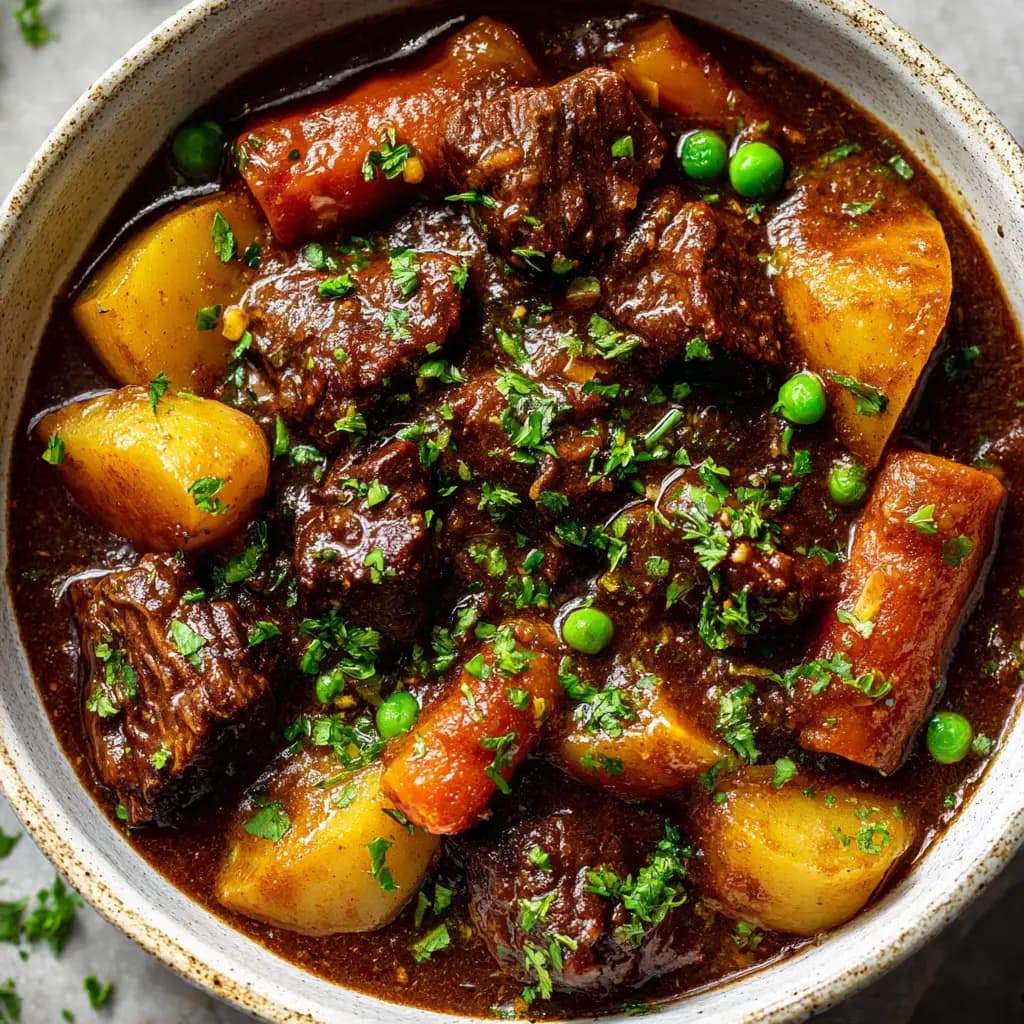 Crockpot Beef Stew with Potatoes, Carrots, and Dark Gravy